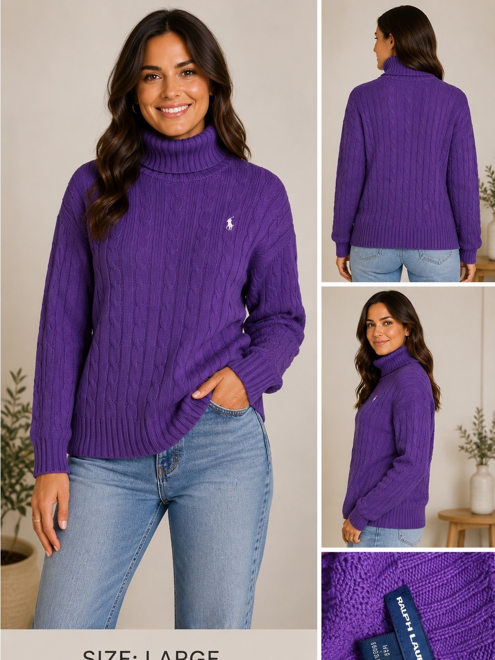 Ralph Lauren Purple Cable-Knit Turtleneck Sweater with Polo Pony